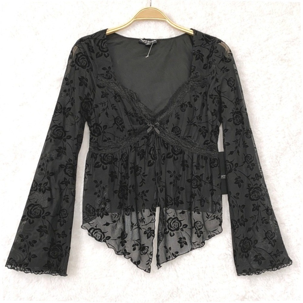 Mixed Threads Fairycore Whimsigoth Burnout Velvet Floral Top Women S Black  NWT